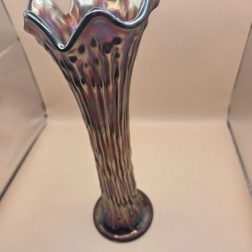 Iridescent Art Glass Ruffled Trumpet Vase Glossy Purple Multicolor 11